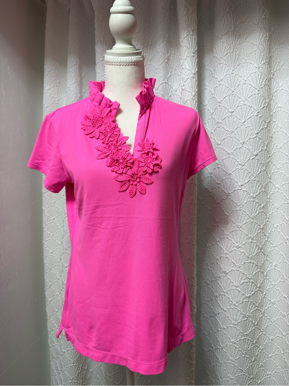 Lilly Pulitzer Hot Pink Short Sleeve V-Neck Top with Floral Appliqué